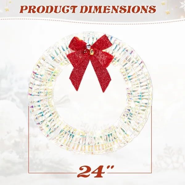 24 Inch Pre-lit Iridescent Christmas Wreath with Red Bow, Warm White LED Lights, Metal Outdoor Indoor Holiday Door Wall Decoration