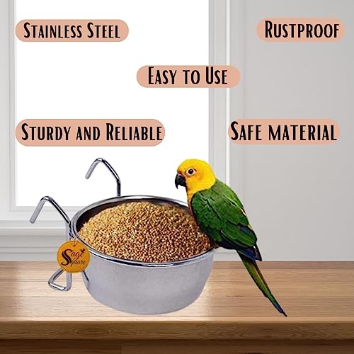 Image of Sage Square Rustproof Stainless Steel Cage Food, Seed, Water Feeder Cum Bowl with Holder clamp for Birds (250ml) (Pack of 2)