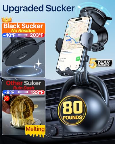Image of HTU Upgraded Strongest Suction Car Phone Holder Bendable Arm, Never Block View Rotatable Cellphone Mount for Dashboard Windshield Vent, Cradle Stand for iPhone 17 16 15 14 13 12 Pro Max (Dark Pink)