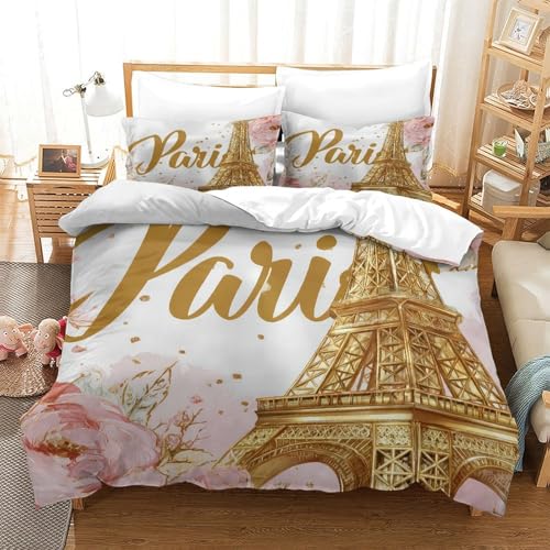 Parure de lit microfibre 140x200 Tour Eiffel or et florale - 3
