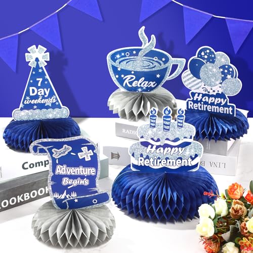 Image of 8Pcs Blue Retirement Decorations Navy Blue Silver Happy Retirement Table Honeycomb Centerpieces Farewell Table Topper Decor for Men Women Office Going Away Photo Booth Props Labor Day Party Supplies