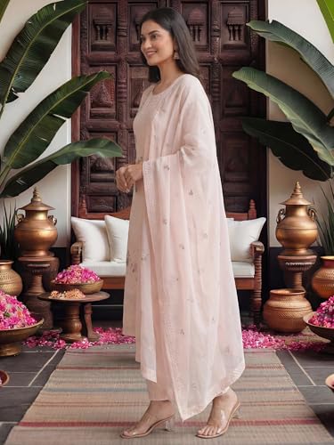 Image of INDO ERA Women's Floral Embroidered Straight Pure Cotton Kurta Pant with Dupatta Set