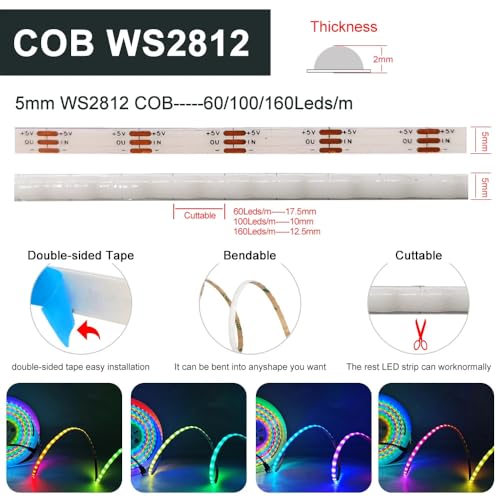 Tira LED Direccionable WS2812B 16.4ft 160 LEDs/m 5mm ancho miniatura 3