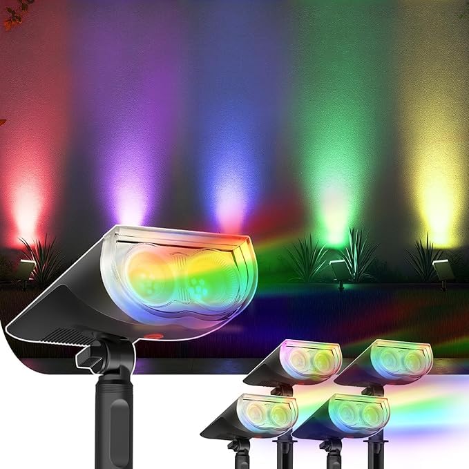 Linkind RGB lámpara solar para exteriores, luz solar de colores con 10 modos de luz,IP67 impermeable Lampara Exterior 2 en 1 de montaje foco solar para Halloween Navidad, 4 piezas