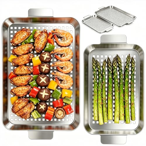 Ayiusideza 2PCS Grill pan Stainless Steel BBQ Grill Topper for Outdoor Grill with Hole suitable for picnicking camping yard (2 pieces)