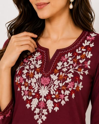 Image of Women's Gulnar Pure Cotton Kashmiri Embroidered A-line 3 /4 Cuff Sleeves Kurti | Short Kurta