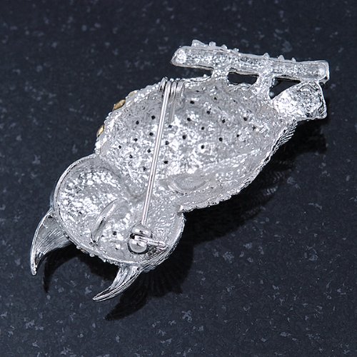 Avalaya Clear, Ab Swarovski Crystal Owl Brooch/Pendant In Rhodium Plating - 40Mm Length #TOP5
