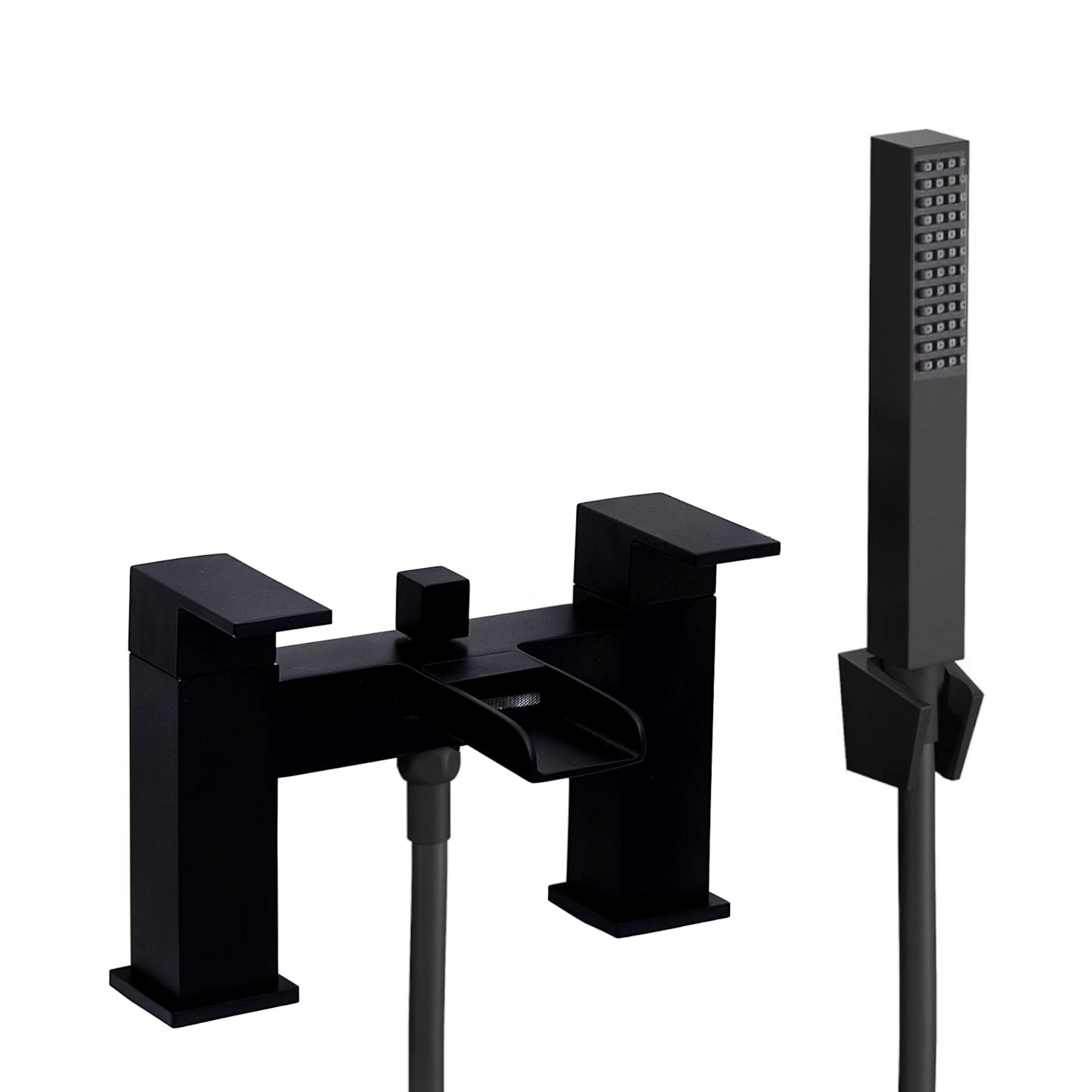 ENKI, Plaza, BBT0262, Matte Black Bath Shower Mixer Tap, Square Waterfall Open Spout Design