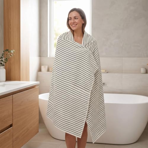 Image of Black & Cream Striped Bath Sheets Set of 2, Extra Large Bath Towels