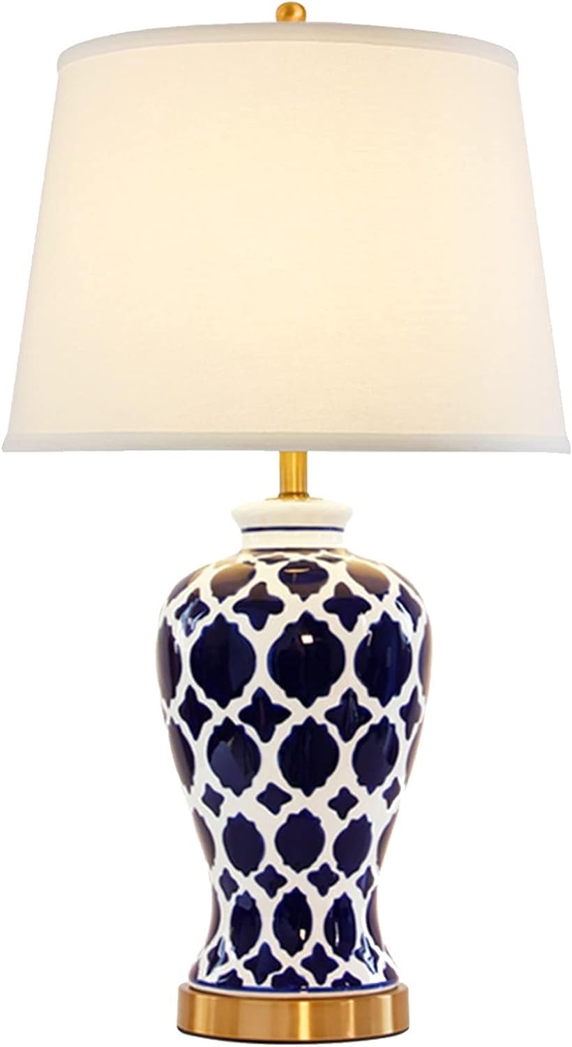 Niebieska i biała ceramiczna lampa stołowa Chinoiserie LED lampa biurkowa z metalową podstawą i abażurem z tkaniny domek przy łóżku biurko nocna lampa stołowa do sypialni, salonu, biura