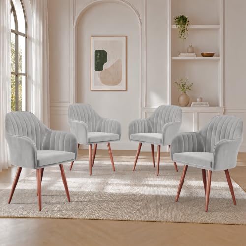 Image of Vergo Plush Velvet Dining Chair, Cushion Seat, Wooden Frame, Metal Legs, Premium Accent Chair for Dining & Lounge Chair for Living Room, Bedroom & Balcony (Set of 4, Light Grey)