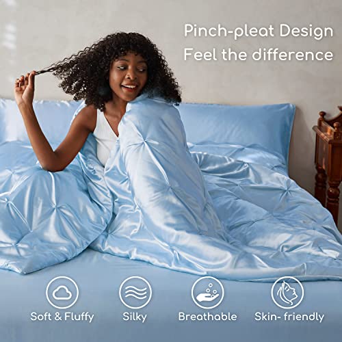 MR&HM Satin Comforter California King 7 Pieces Light Blue - Luxurious Pinch Pleat Bedding Set with Comforter, Flat Sheet, Fitted Sheet, Pillowcases & Shams, Super Silky Soft Bed Set for All Season