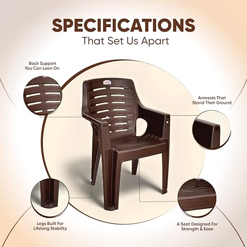 Image of AVRO Furniture 4003 Heavy Duty Plastic Chair for Home, Office & Outdoor, Solid Back Support, Comfortable Seating with Arm, Ergonomic and Stackable, Pre-Assembled, 150 Kg Capacity, Set of 2, Brown