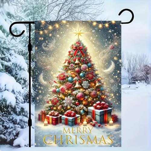 Image of BlissYard Christmas Christmas Tree Garden Flag 12x18 Inch Polyester | Double sided polyester, Christmas decorated tree front porch design, winter home decor for holiday porch and yard