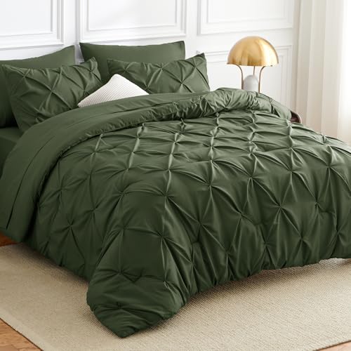 CozyLux King Size Comforter Set Olive Green, 7 Pieces Pintuck Bed in A Bag Green Comforter King Size, Pinch Pleat Bedding Set with All Season Comforter, Sheets, Pillowcases & Shams
