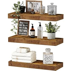 QEEIG Floating Shelves for Wall Bathroom Shelf Bedroom Kitchen Farmhouse Small Book Shelf 16 inch Set of 3, Rustic Brown (015-BN3)