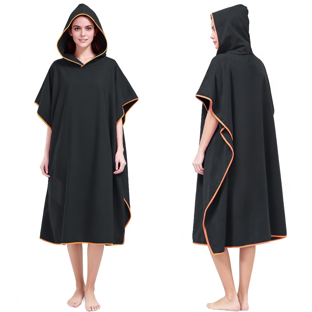 AUYAO Hooded Poncho Towel Adult Towel Wrap Robe Microfibre Changing Robe Towel with Pocket Oversized Towel Poncho Beach Universal Size Cover-Up Bath Towel with Hood for Swimming Surfing(Black) โ image 1