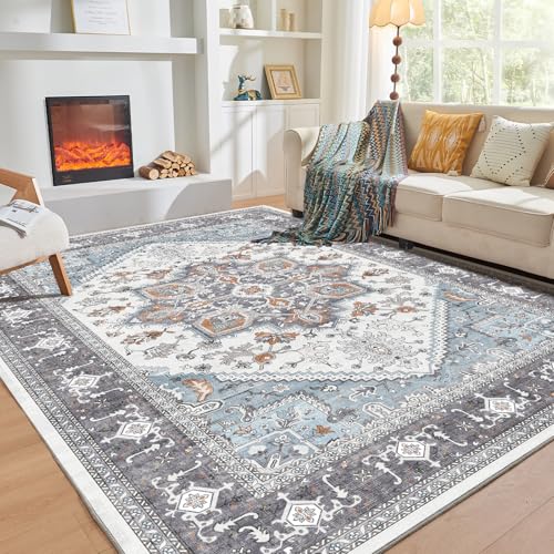 OPPODREAM Soft Area Rugs 6x9, Persian-Inspired Washable Rug, Grey & Yellow