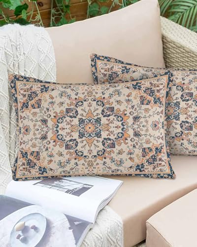 Lumbar Pillow Covers 12 x 20 in, Boho Blue Orange Waterproof Throw Pillow Cover Set of 2, Southwestern Ethnic Mexican Flowers Rustic Home Decorative Rectangle Cushion Covers for Patio/Couch/Garden
