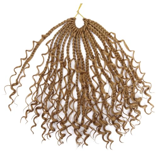 Goddess Box Braids Crochet Hair 12 Inch 8 Packs Pre-looped Bohemian Crochet Boho Box Braids With Curly Ends 3X Crochet Braids Hair for Women Synthetic Braiding hair(12 inch, #27)