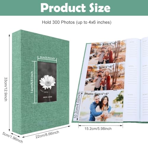 Image of Photo Album 4x6 with 300 Pockets, Linen Hardcover Slip-In Photo Album with Memo Writing Space & Front Window, Family Baby Wedding Travel Anniversary Memory Book (Green)