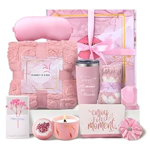 Birthday Gifts for Women Pink Relaxing Spa Gift Baskets Self Care Gift Get Well Soon Gifts Set, Mothers Day Gifts for Mom, w/ Luxury Blanket INSPEAUTY