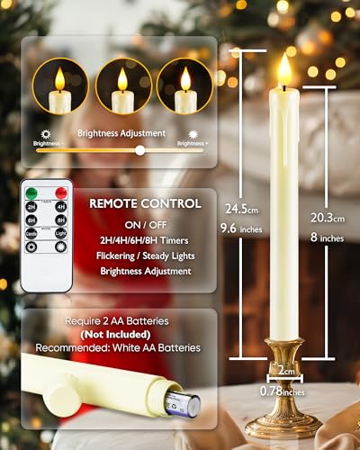 Image of Homemory 12 Pcs Plastic Flameless Taper Candles with Remote Timer Dimmer, Ivory Led Candlesticks with Flickering Flame Light, Lifelike Taper Candles Battery Operated for Indoor Decoration 9.6 Inches