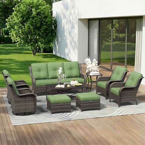 Image of 9 Piece Outdoor Wicker Patio Furniture Set, Patio Chairs Set with Thickened Olefin Cushions, High Back and Deep Seating, Hand-Woven PE Rattan, Ottoman for Porch, Deck