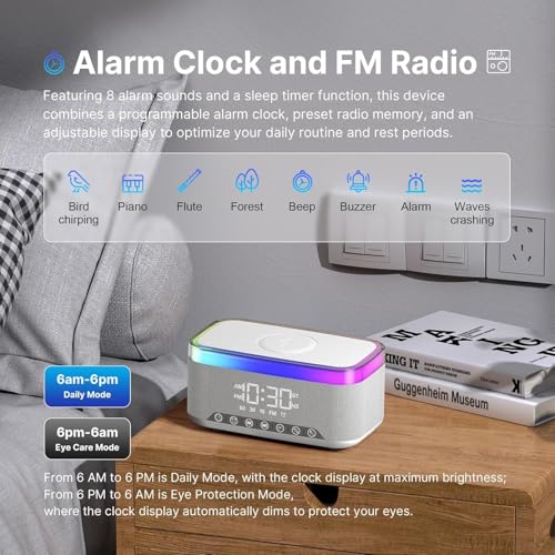Image of Bluetooth Speaker Alarm Clock with 15W Wireless Charging, RGB Night Light, White Noise Sound Machine, FM Radio, 10W Speaker, Bedside Smart Clock