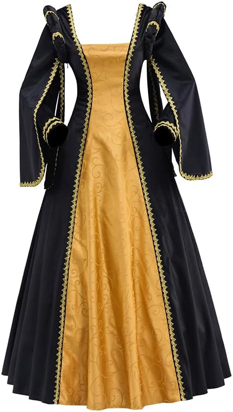 Women's Renaissance Costume Tudor Queen Elizabeth Cosplay Dress Gold Baroque Damask Layered Ball Gown