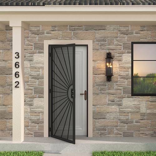 JUBEST 32 in. x 80 in. Security Door Surface Mount Exterior Front Entry Door Outswing Steel Security Door with Perforated Metal Screen Powder Coated Black Lock Not Include