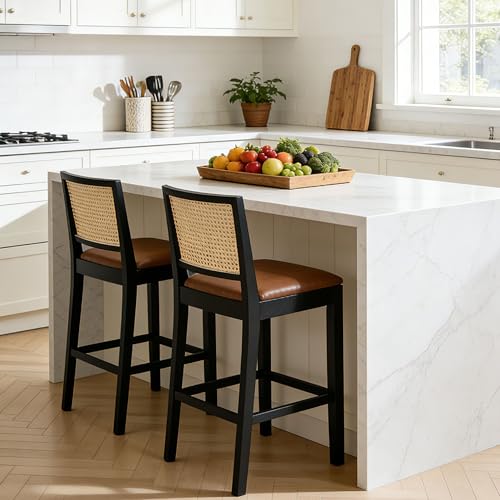 Image of Rattan Counter Height Bar Stools, 25.6'' Modern Counter Stools with Cane Back, Mid Century Bar Chairs for Kitchen Counter /Home Bar /Cafe, Set of 2, Brown