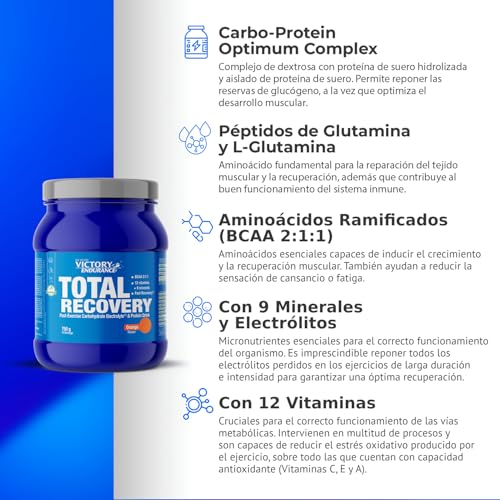 VICTORY ENDURANCE Total Recovery (750g) Sabor Naranja, Preparado Bebida Post-Entreno de Carbohidratos Electrolitos y Proteínas, Con BCAA 2:1:1, 12 Vitaminas y 9 Minerales, Recuperación Rápida - Imagen 4