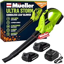 Mueller UltraStorm Cordless Leaf Blower, 2 Batteries Included for 2X Runtime, 140 MPH 20V Brushless Motor, 3.3 lb Lightweight, 2-Speed Variable, 1-Hour Fast Charge, for Lawn, Patio, Driveway & Snow