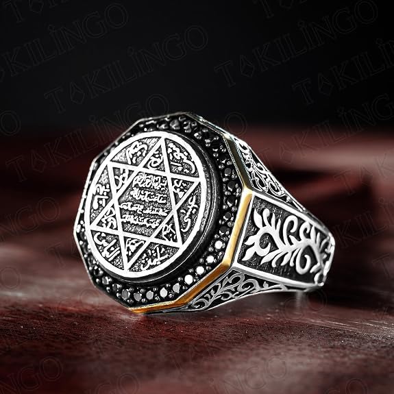 Anillo de sello de los siete arcángeles para hombre, sello de Salomón, cábala, plata de ley 925, circonita cúbica negra, triángulo, estrella de David, anillo de amuleto de protección para