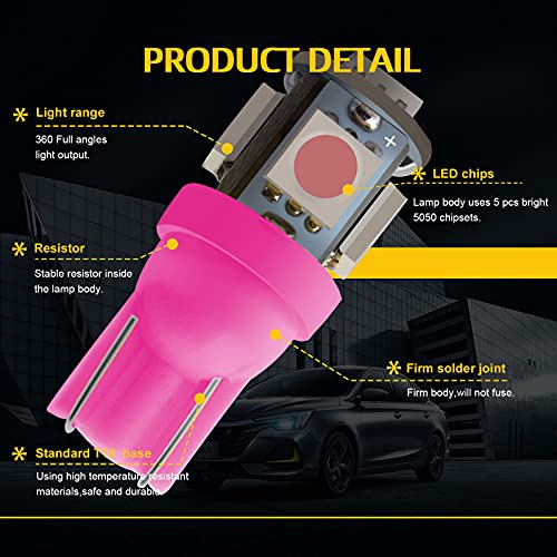 Everbright T10 194 Led Bulb 168 W5W 2825 Led Bulb For Car Interior Lights Dome Map Trunk Light License Plate Light Lamp 5050 5Smd Dc 12V,Pink (Pack Of 20) #TOP5