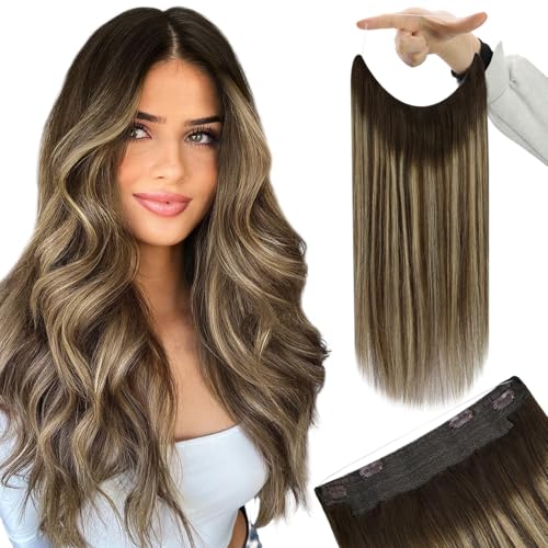 Image of YoungSee 135G Balayage Wire Hair Extensions Real Human Hair, Chocolate Brown Balayage Caramel Blonde, Wire Hair Extensions Brown, 22Inch Long Straight Remy Hair Fish Line Extension