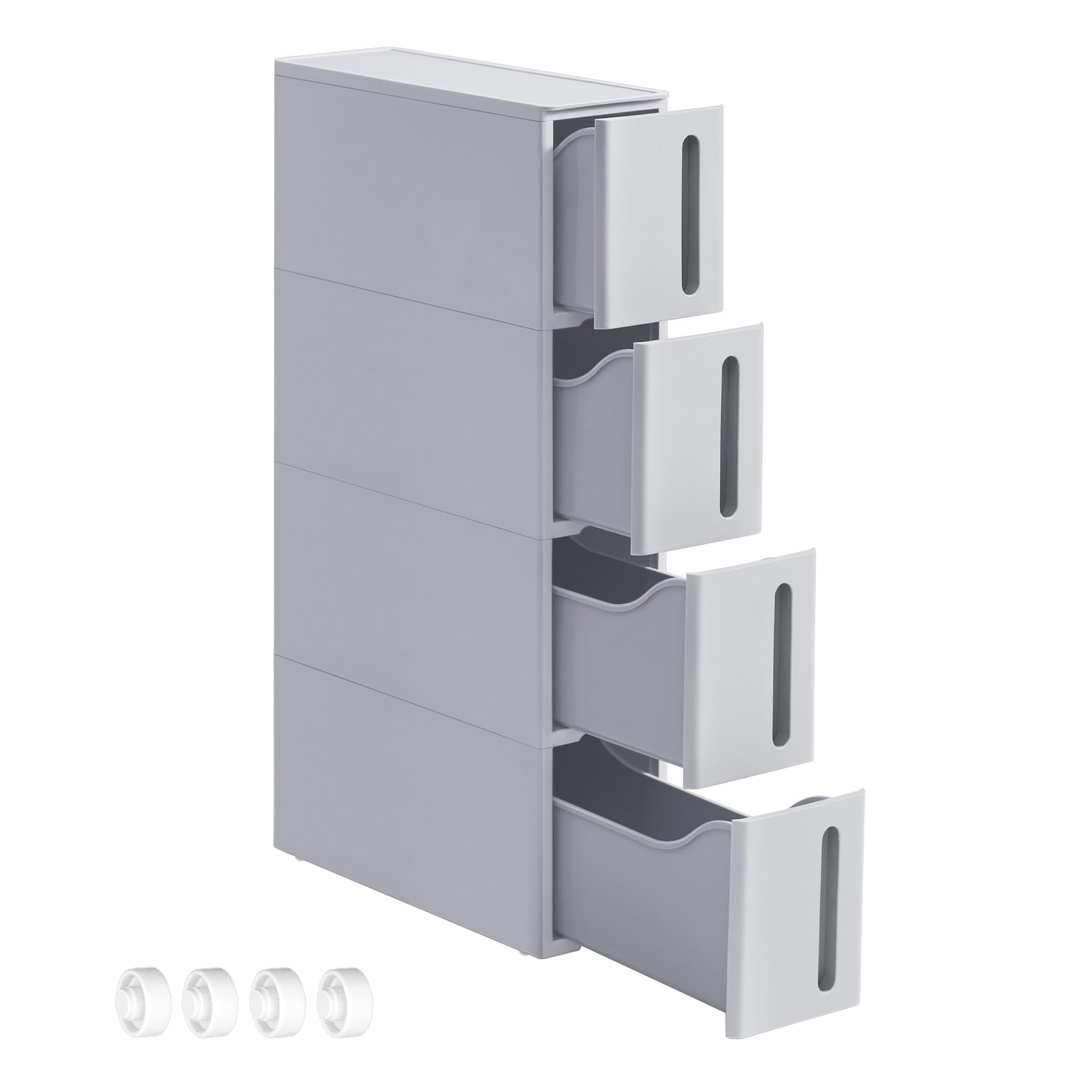 SONGMICS Nischenregal mit Rollen, Rollwagen mit 4 Schubladen, 17,3 cm breit, Badregal schmal, Rollregal, Küchenregal, PP-Kunststoff, platzsparend, 45,2 x 17,3 x 84 cm, grau KFR008G02