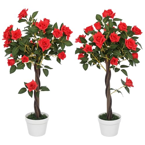 Outsunny Set of 2 90cm/3FT Artificial Rose Tree, Fake Decorative Plant with Pot, UV-Resistant Faux Tree for Outdoor Indoor Home Office Decor, Red