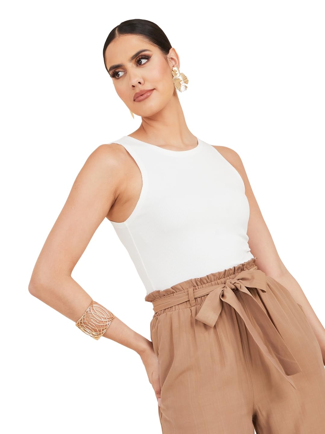 Women Casual Solid Ribbed Knit Fitted Bodysuit – Elegant and Comfortable Non-Padded, Sleeveless with Round Neck, Cinched Waist, Perfect for Summer Top for Women