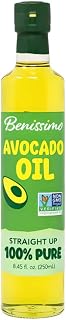 Benissimo 100% Pure Cold-Pressed Avocado Oil in Glass Bottle, Non-GMO Allergen-Free, High Smoke Point for Cooking & Dressings, 8.45oz