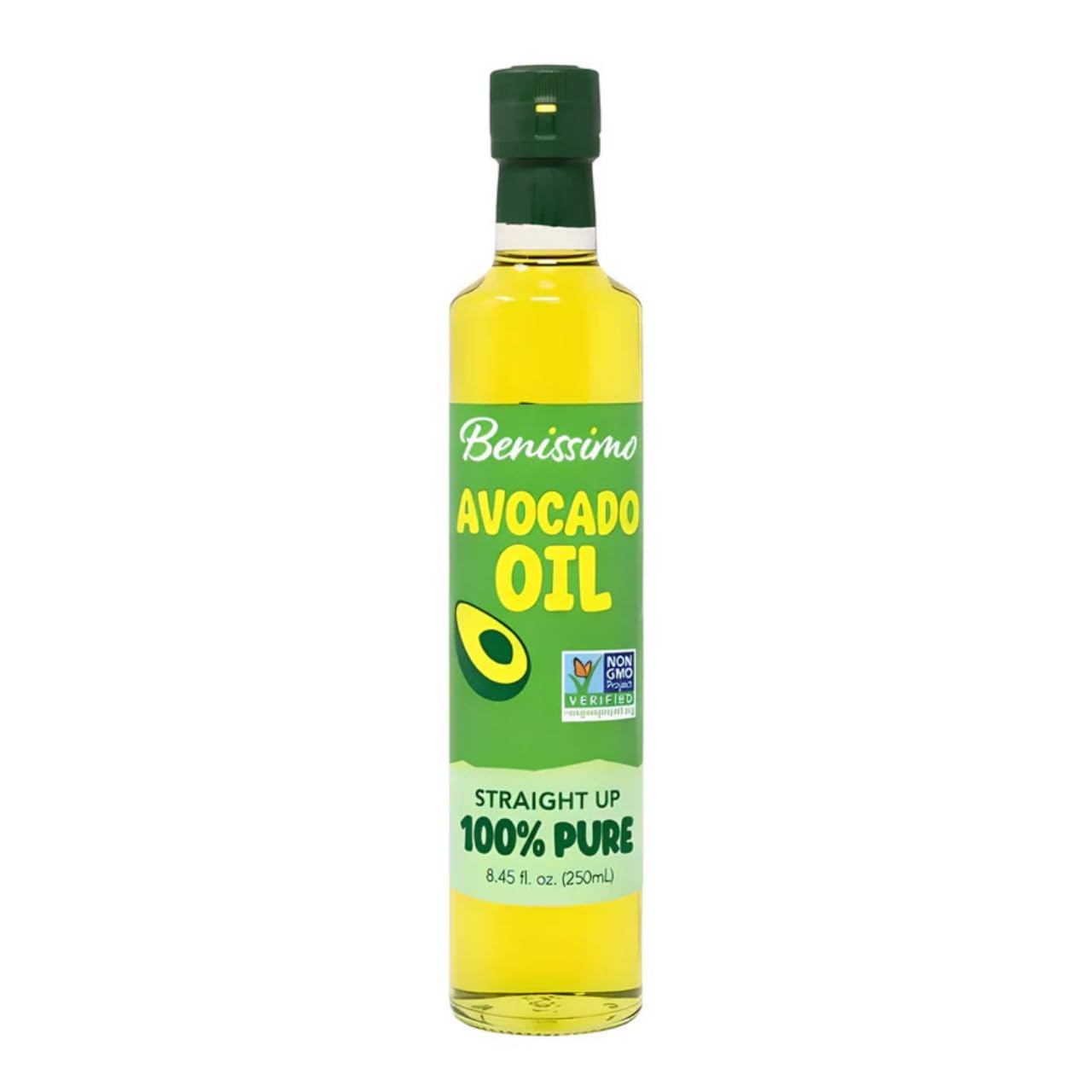 Benissimo 100% Pure Cold-Pressed Avocado Oil in Glass Bottle, Non-GMO Allergen-Free, High Smoke Point for Cooking & Dressings, 8.45oz