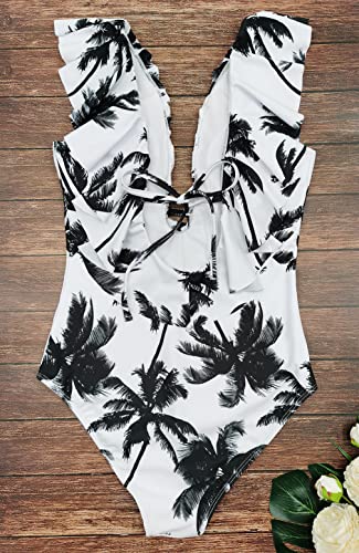 Image of Binlowis V Neck Ruffle One Piece Swimsuit Ladies Floral Print Sexy Belt Bathing Suit Tie Swimwear