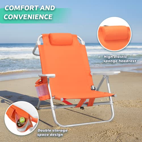 Ofika Folding Tall Backpack Beach Chair,Camping Chairs For Adults,High Back Flat Beach Chairs With Headrest,Towel Bar,Cooler Bag,Storage Bag,Cup Holder,Phone Holder (Orange, 1Pack) #TOP4