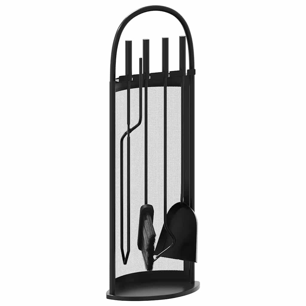 5-teiliges Kaminbesteck-Set, Kamingarnitur aus pulverbeschichtetem Stahl, Kaminkaminbesteck mit Ständer, Schürhaken, Zange, Besen und Schaufel, Schwarz