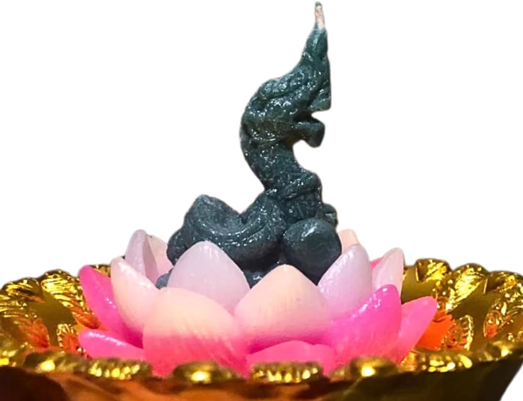 Decorative Naga Dragon Candle Set with Lotus Flower Base, 7 Colors, Gold-Trimmed