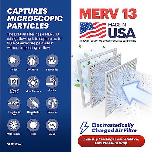 Image of BNX TruFilter 20x24x1 Air Filter MERV 13 (4-Pack) - MADE IN USA - Electrostatic Pleated Air Conditioner HVAC AC Furnace Filters for Allergies, Pollen, Mold, Bacteria, Smoke, Allergen, MPR 1900 FPR 10