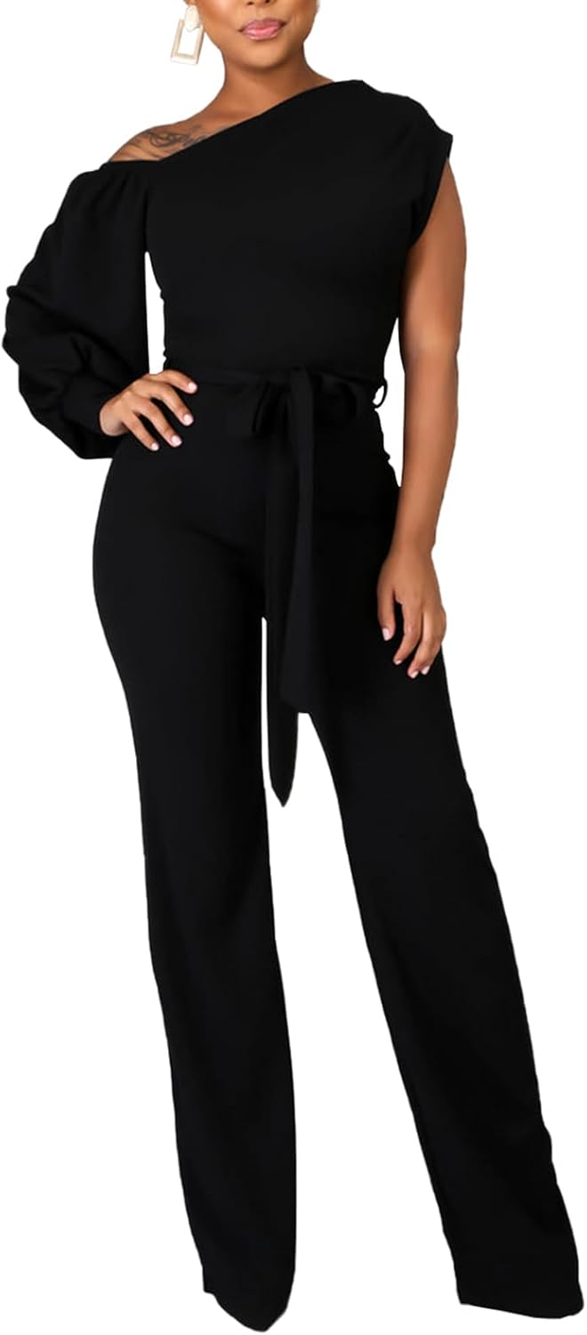 DeftSharp 2025 Women’s Sexy Cocktail Party Clubwear Casual Working Rompers Club Back Zip Belt Long Jumpsuit