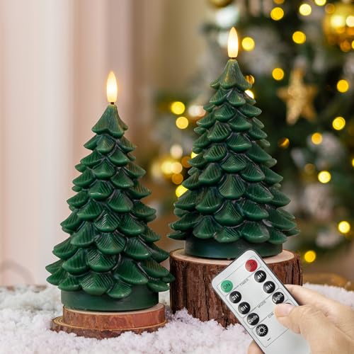 Image of Christmas Tree Candles with Remote, Green Flameless Candle Battery Operated
