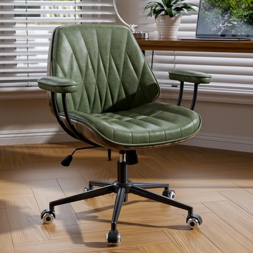 Bananister Office Desk Chair with Rubber Casters and Padded Arms Premium Olive Green Faux Leather Computer Chair Height Adjustable Vintage Rolling Swivel Executive Task Chair for Home Office